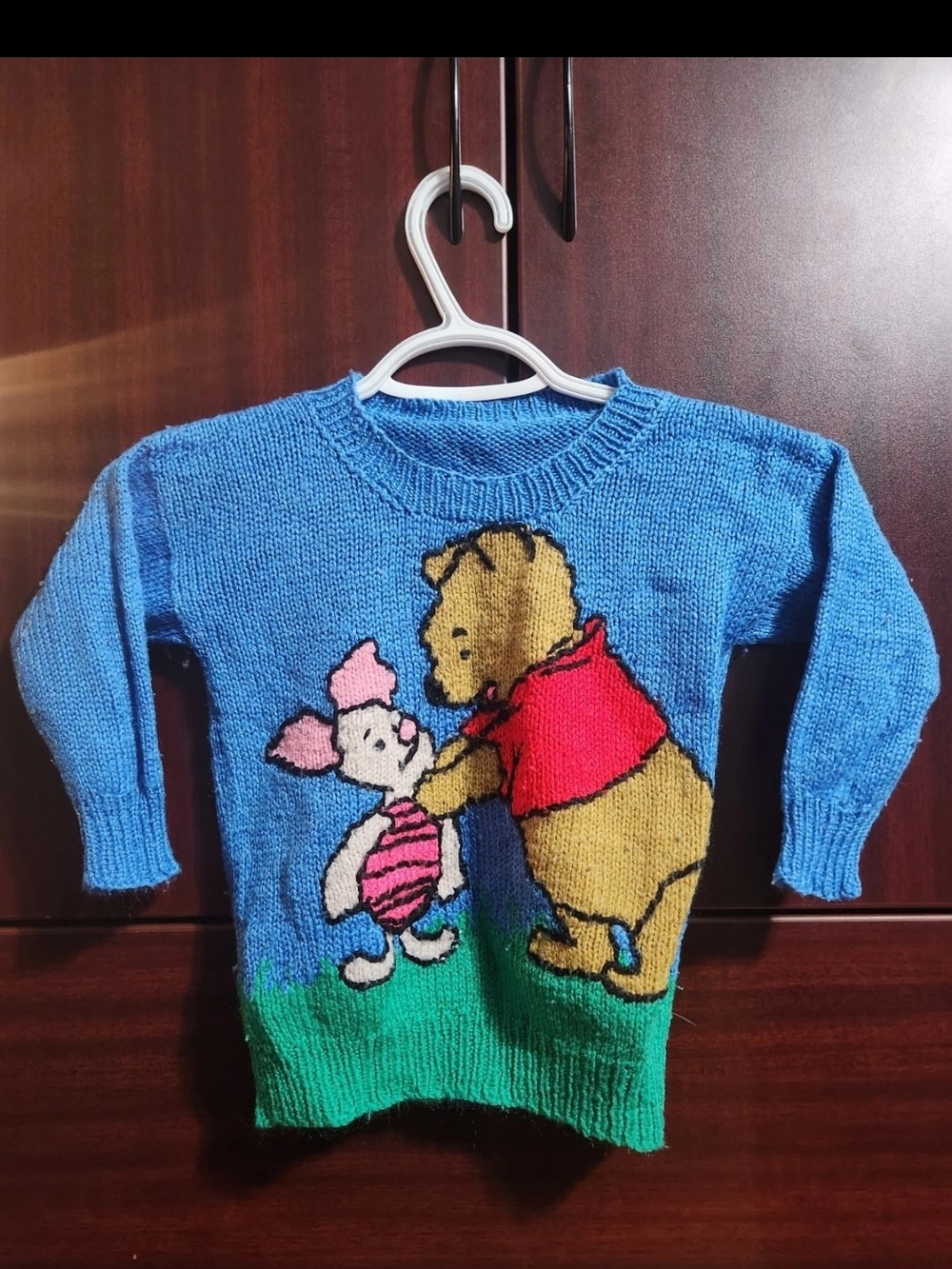 Vintage Hand Knit Winnie the Pooh & Piglet Sweater – Toddler Size ~2T – Blue –
